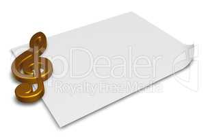 clef symbol on blank white paper sheet - 3d rendering