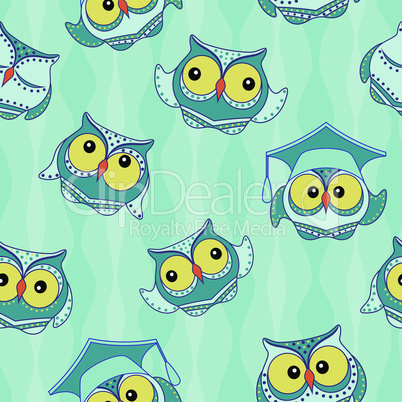Amusing blue owls seamless pattern