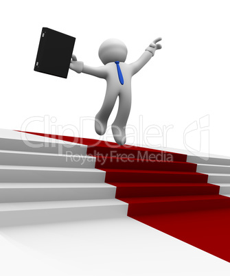 Businessman jumping high on a red carpet, 3d rendering
