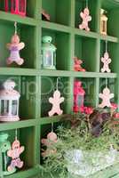 Cookies and lanterns on shelves