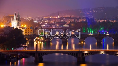 Famous Bridges of Prague in the Evening. Time Lapse