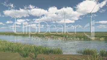 Flusslandschaft und Windkraftanlagen