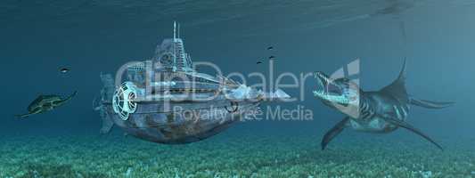 Fantasie Unterseeboot mit Unterwassertierwelt