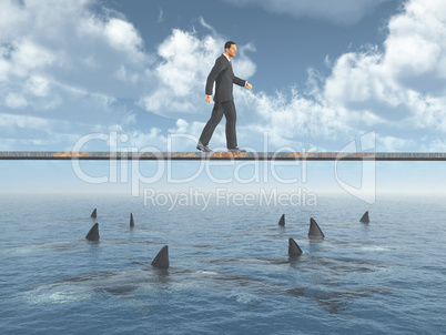 Geschäftsmann geht auf einem Brett über dem Meer mit Haifischen