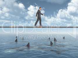 Geschäftsmann geht auf einem Brett über dem Meer mit Haifischen