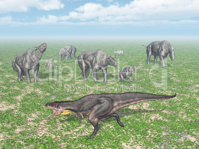 Dinosaurier Tyrannotitan und Gruppe von Paraceratheriums