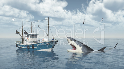Fischkutter und großer weißer Hai
