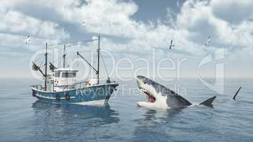 Fischkutter und großer weißer Hai