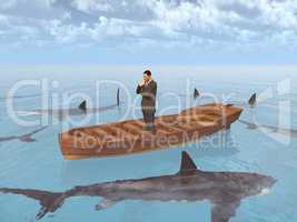 Geschäftsmann im Boot umgeben von Haifischen