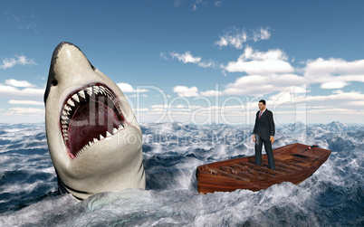 Geschäftsmann im Boot in stürmischer See und auftauchender Haifisch