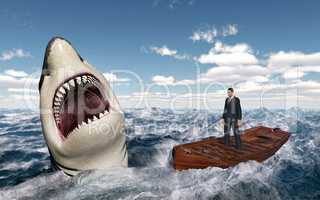 Geschäftsmann im Boot in stürmischer See und auftauchender Haifisch