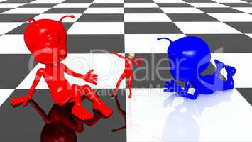 Alien Figuren und Frau auf einem Schachbrettmuster