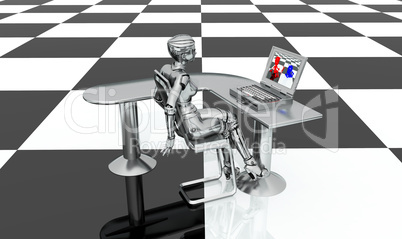 Weiblicher Roboter vor einem Laptop auf einem Schachbrettmuster