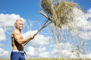 Man turns hay in the meadow