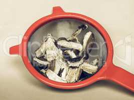 Porcini mushroom in colander vintage desaturated