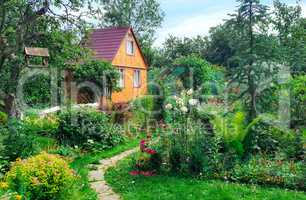 Summer wooden house on background of green garden,