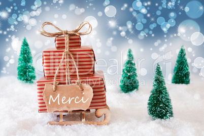 Christmas Sleigh On Blue Background, Merci Means Thank You