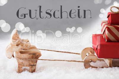 Reindeer With Sled, Silver Background, Gutschein Means Voucher