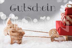 Reindeer With Sled, Silver Background, Gutschein Means Voucher