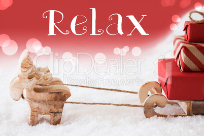 Reindeer With Sled, Red Background, Text Relax