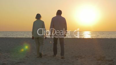 Senior couple embracing by the sea at sunset