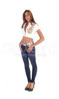 Tall slim woman in jeans.