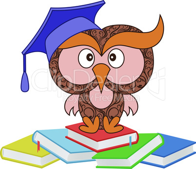 Funny wise owl sitting on the heap of books