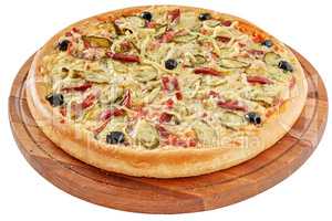 Rustic pizza with ham and pickles