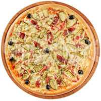 Rustic pizza with ham and pickles