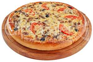Pizza with minced meat and mushrooms