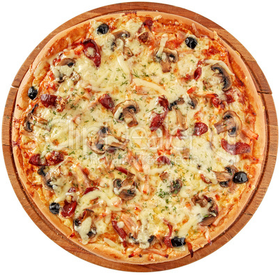 Pizza with smoked meat and mushrooms