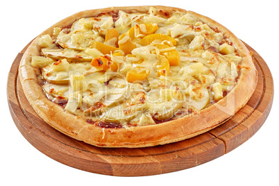 Fruit pizza with pineapple, peaches and apples