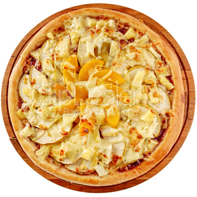Fruit pizza with pineapple, peaches and apples