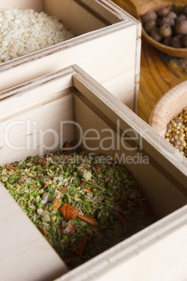 Set of spices in wooden boxes