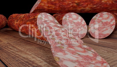 Smoked sausage salami on wood 3d illustration