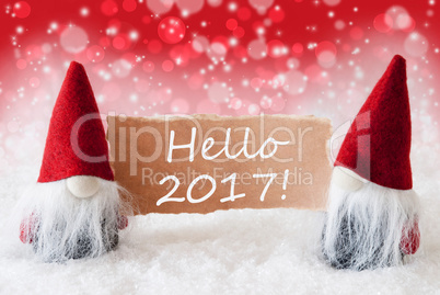 Red Christmassy Gnomes With Card, Text Hello 2017