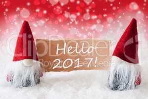 Red Christmassy Gnomes With Card, Text Hello 2017