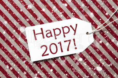 Label On Red Paper, Snowflakes, Text Happy 2017