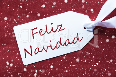 Label On Red Background, Snowflakes, Feliz Navidad Means Merry Christmas