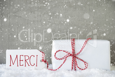 Gift, Cement Background With Snowflakes, Merci Means Thank You