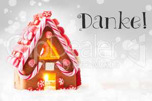 Gingerbread House, Silver Background, Danke Means Thank You