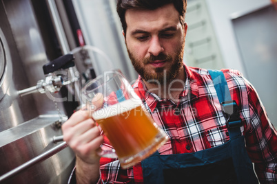 Manufacturer examining beer in glass by storage tank