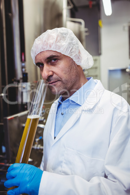 Portrait of manufacturer examining beer in brewery