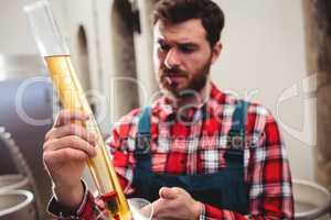 Manufacturer examining beer in test tube