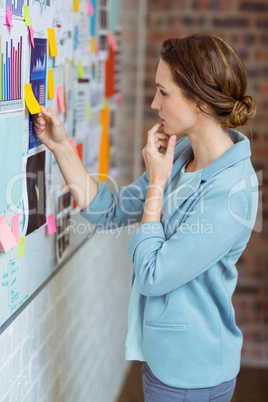 Businesswoman putting sticky notes on whiteboard