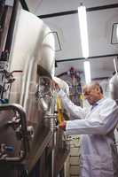 Male manufacturer examining beer at brewery