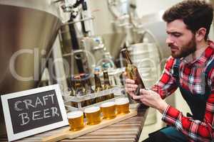 Manufacturer examining beer in brewery