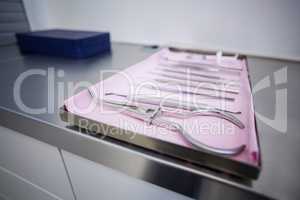 Close-up of dental tools on tray