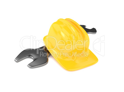 Construction helmet with a wrench, 3d rendering