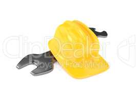Construction helmet with a wrench, 3d rendering